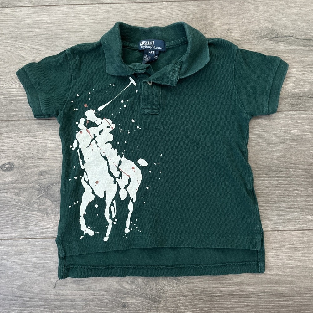 Polo Ralph Lauren Toddler 2T Knit Polo Shirt Dark Green Paint Splatter Rider Big